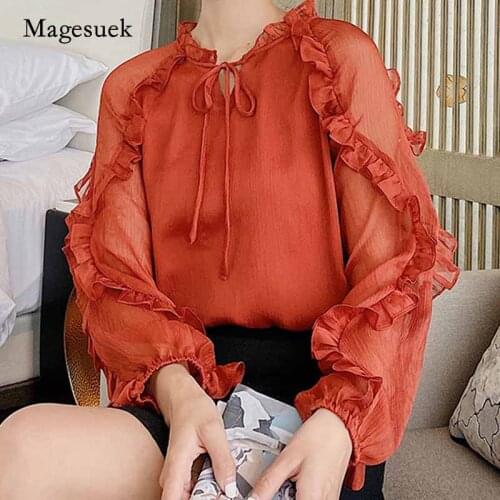 2020 New Autumn Lace-up Solid Color Long Sleeve Tops Elegant Womens Blouse Loose Sweet Bow Tie Chiffon Women Shirt Blusas 10699