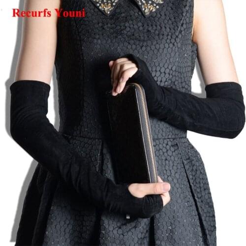 New Arrival Woman Real Leather Half Finger Evening Party Long Gloves Ladies Winter Black/Purple Opera Fingerless Guantes Mujer