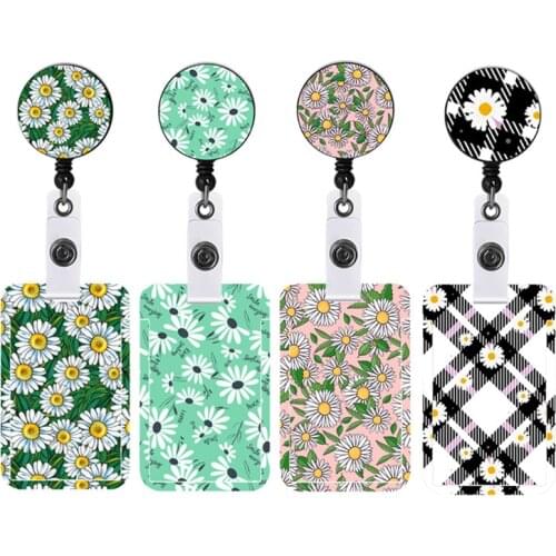 New Design 1 Piece Fashion Daisy Floral ID Card Case with Retractable Badge Holder Clip Cute Card Cover Keychains Lanyard