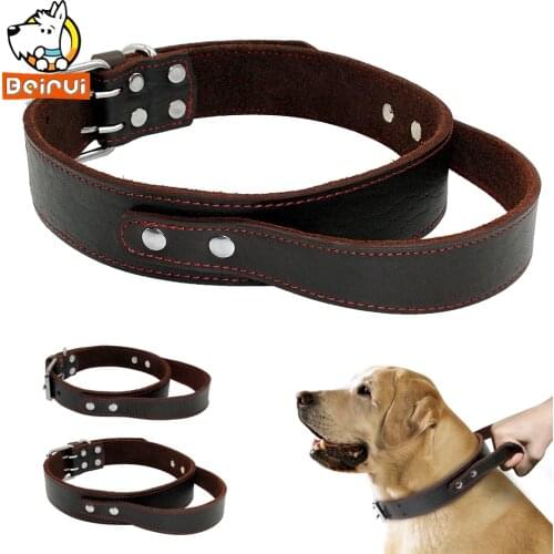 Genuine Leather Dog Collar Durable Real Leather Training Collars For Medium Large Dogs Pets Pitbull With Quick Control Handle