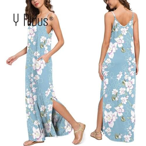 Womens Dresses Summer Boho Sleeveless Beach Long Dress 2021 Strapless Floral Sundress Pocket Split Loose Maxi Dress vestidos