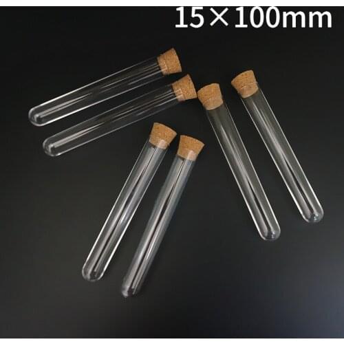 50pcs/lot 15X100mm Transparent Laboratory Clear Plastic Test Tubes With Corks Caps School Lab Supplies, Wedding Favor Gift Tube