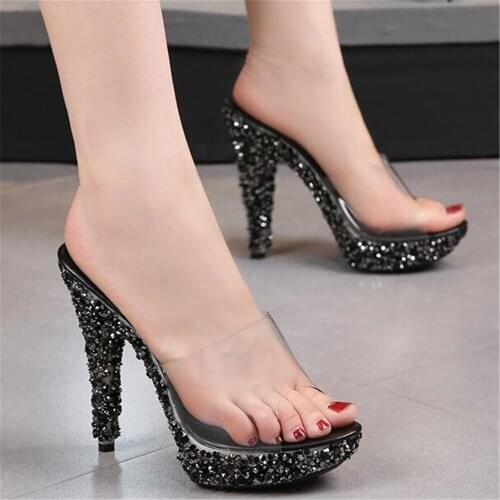 Slippers Women Sexy Waterproof Platform PVC Transparent Sandals Fashion Sequined Sole Summer Elegant Stiletto 13/15CM High Heels