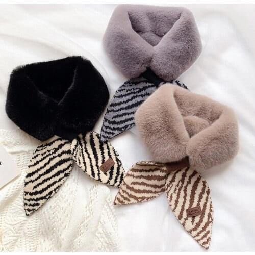 Houndstooth Leaf Knitted Scarf Neck Warmer Faux Fur Collar Scarf Soft Fluffy Zebra Pattern Print Female Cross Small Scarves
