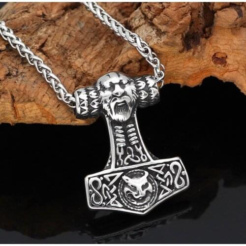 Nordic Viking Mjolnir Stainless Steel Thor Hammer Fox Amulet Necklace For Men With Valknut Gift Bag