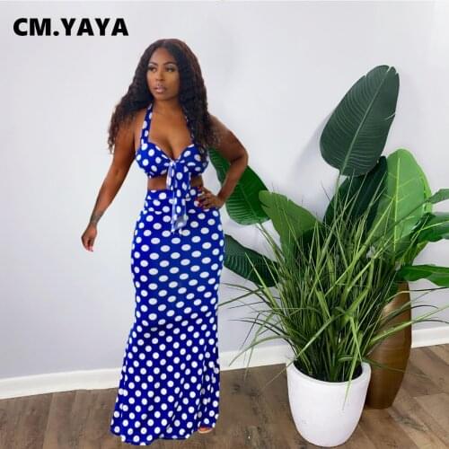 CM.YAYA Women Set Polka Dot Sleeveless Strap V-neck Crop Tops Long Trumpet Skirts Two 2 Piece Set Sexy Fashion Streetwear Summer