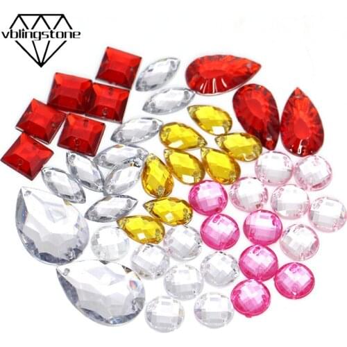 100pcs Resin Rhinestones Sew On Crystal Square Round Horse Eye Drop Shapes Strass 2 Holes Flat Back For Wedding Dress