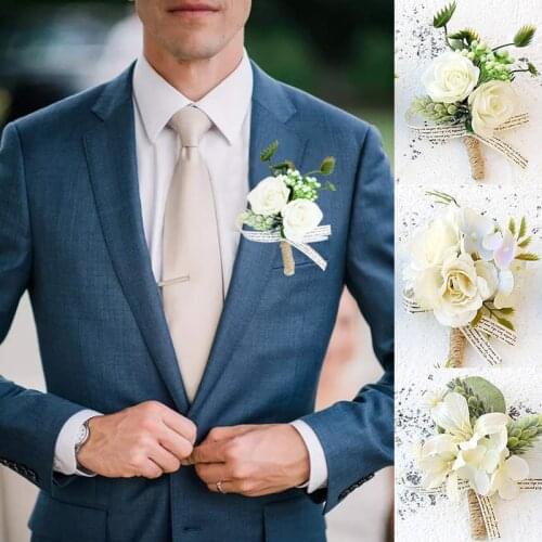 Wedding Artificial White Rose Flower Groom Boutonniere Men Corsage Event Accessories Party Pin Decoration