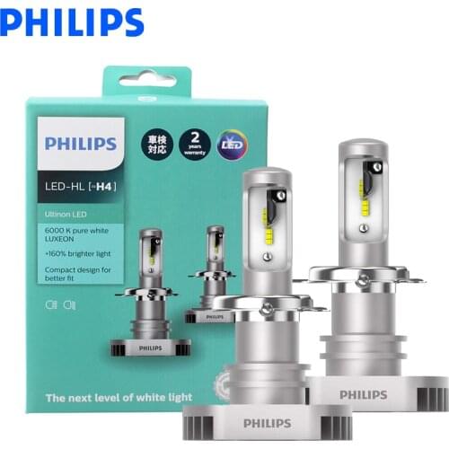 Philips LED H4 9003 Ultinon LED Auto Hi/lo Beam 6000K Cool Blue White Light +160% Brighter Compact Design 11342UL X2, Pair