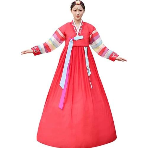 Korean Hanbok Embroidery for Women Traditional Colored Stitching Sleeves Hanbok Costume Set(top+Dress) Performance Clothing