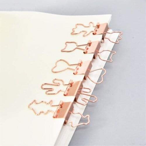 10pcs Cat Rose Gold Color Binder Clips Hollow Out Cactus Heart Shape Metal Binder Clamps Photo Tickets Note Letter Paper Clips