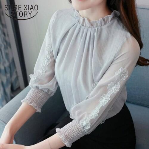 Womens tops and blouses plus size tops chiffon blouse Three Quarter Chiffon Solid O-Neck lantern Sleeve shirts 2928 50