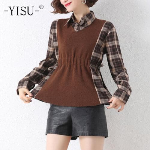 YISU Women Spring Sweater Jumper Lapel Spring tops Splicing Thin Long sleeves Fake two-piece Female Casual Knitted pullover