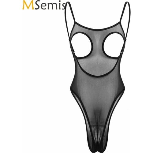 Womens Lingerie See Through Mesh Crotchless Nightwear Erotic Ultra-thin Teddy Lingerie Sissy Cupless Open Crotch Thong Bodysuit