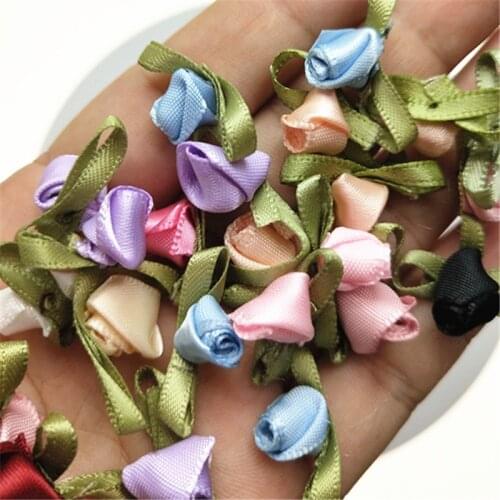 100PCS 3/8" Mini Artificial Flowers Fancy Ribbon Flowers Rose Appliques Wedding Sewing Ornament
