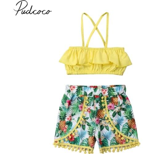 2019 Brand New 1-7Y Toddler Kids Baby Girls 2PCS Sets Ruffles Sleeveless Vest Crops Tops Floral Tassel Hawaiian Shorts Beachwear