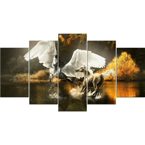 5 Pcs White Epic Horses with Wings Canvas Pictures Print Wall Art Canvas Paintings Wall Decorations for Living Room Unframe
