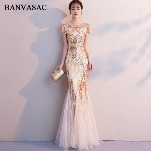 BANVASAC Illusion Crystal O Neck 2018 Mermaid Sequined Long Evening Dresses Party Short Cap Sleeve Backless Prom Gowns