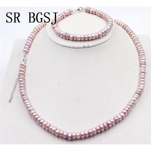 Free Shipping BGSJ White Pink Purple 7-8mm Natural Rondelle Freshwater Pearl Necklace Braclet Pearl Jewelry Set