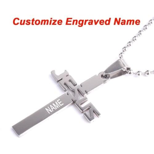 Custom Laser Name JESUS cross necklaces bead chain for men women 316L Stainless Steel pendant necklace wholesale