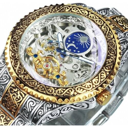 WINNER Men Mechanical Tourbillon Watch Transparent Skeleton Watches Mens 2021 Automatic Moon Phase Steel Strap часы мужские New