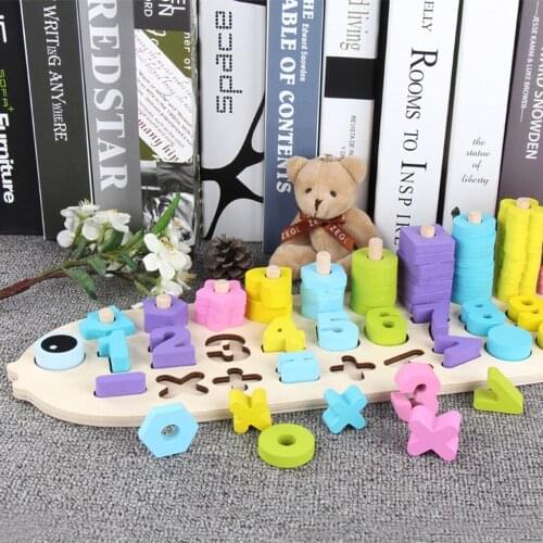 Wooden Math Blocks Sorting Puzzle Board Kids Educational Shape Matching Toys