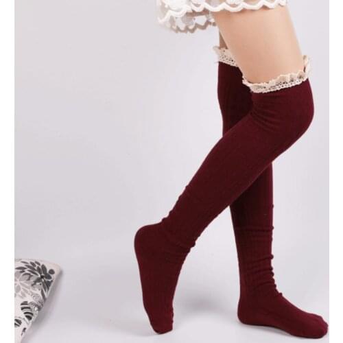 Over The Knee Socks Thigh High Cotton Stockings Overknee Winter Fashion Knee Socks Solid Mori Girls Cute Lace Top Stockings