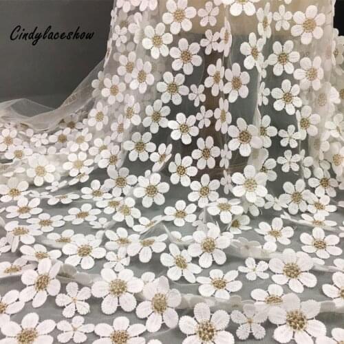 Cindylaceshow Daisy Flower French Mesh Lace Fabrics 100%Polyester White Tulle Dress Sewing Lace Fabric For Wedding