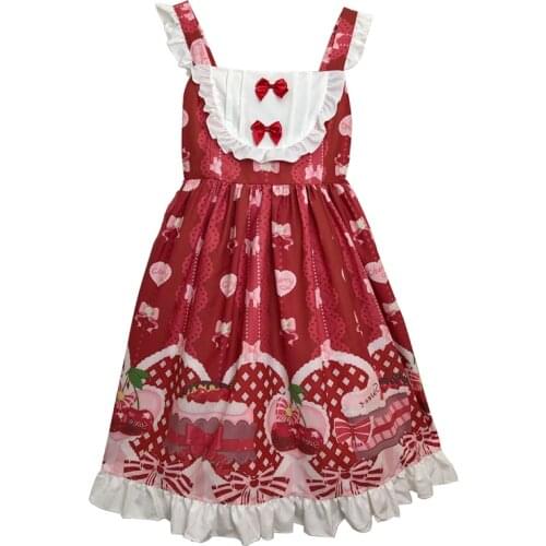 Lolita Kawaii Strawberry Pink Dress Teens Girl Women Summer Cute Vintage Ruffle Lace Princess Strap Dress Christmas Red