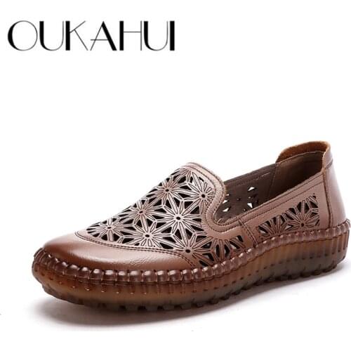 OUKAHUI Ladies Genuine Leather Breathable Woman Summer Shoes 2020 Slip-On Carved Hollow Out Comfortable Female Flat Shoes Women