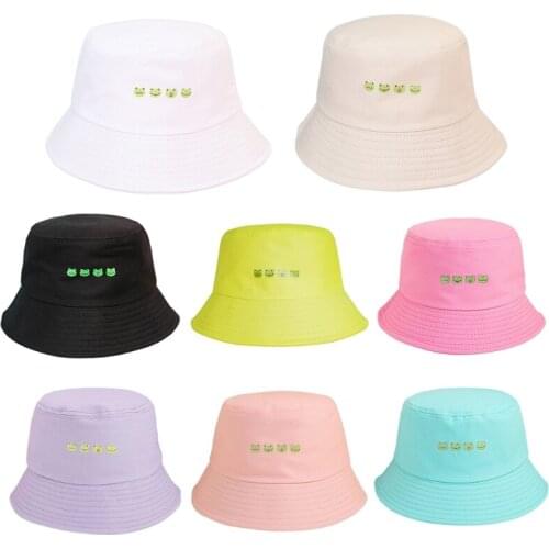 Frog Decorated Bucket Hat in Cotton Made Fisherman Travel Sunhat Outdoor Panama for Men Women with Flat Top