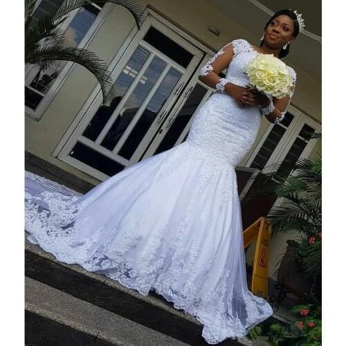 New Illusion Long Sleeves African Dresses Mermaid Applique Trumpet Wedding Sweeping Train Dress