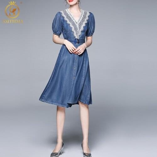 SMTHMA 2021 New Arrival Womens Summer Dresses Vintage Sexy V-Neck Lace Patchwork Denim Party Dress Vestidos