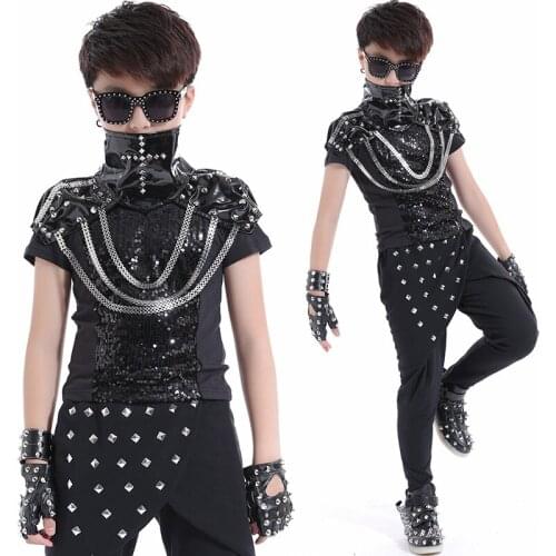 2018 Hip Hop Dance Costume Boys Jazz Performance Stage Costumes Rivet Black Sequin Set Modern Kids Show Wear Clothing DNV10046