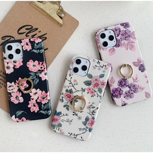 Vintage Flower Soft TPU Phone Case for iPhone 12 Mini 11 Pro XS Max XR 7 8 Plus Floral Leaves Finger Ring Holder Stand Cover