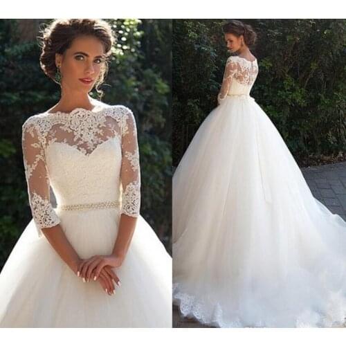 Vintage Lace A Line Wedding Dresses Half Sleeves Pearls Tulle Princess Ball Gowns Cheap Bridal Dresses Plus Size 2020