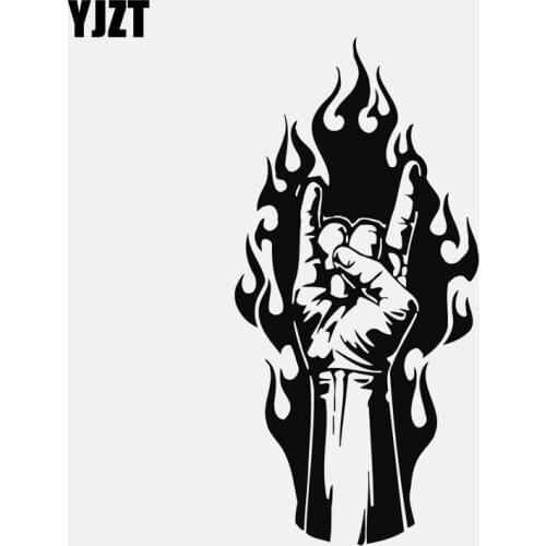 YJZT 7.4CM*15.5CM Rock Metal Music Hand Fire Tattoo Vinyl Black/Silver Car Sticker C22-0645
