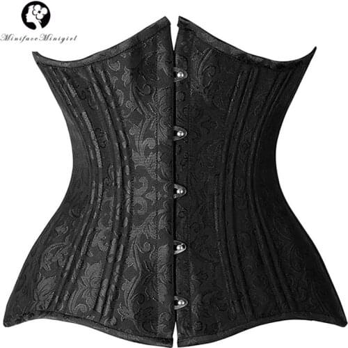 Womens Lace Up 24 Steel Boned Satin Jacquard Brocade Waist Training Underbust Corsets Top to Wear Out Fajas Colombian Girdles