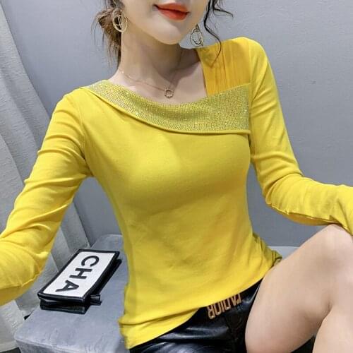 Hot Drilling Long Sleeve Womens T-Shirt New 2021 Autumn Skew Collar Mesh Tops Elegant Slim Plus Size Women Clothing