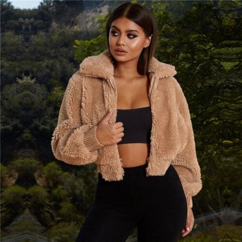 Fur Jacket Coat Teddy Fleece Autumn Winter Warm Soft Thick Long Sleeve Women Zip-Up Outwear Elegant Zipper Pocket Cropped Coat