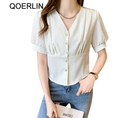 QOERLIN Apricot Button Up Shirts Women Summer Short Slleeve Loose Casual V Neck Elegant Black Office Wear Tops Plus Size S-2XL
