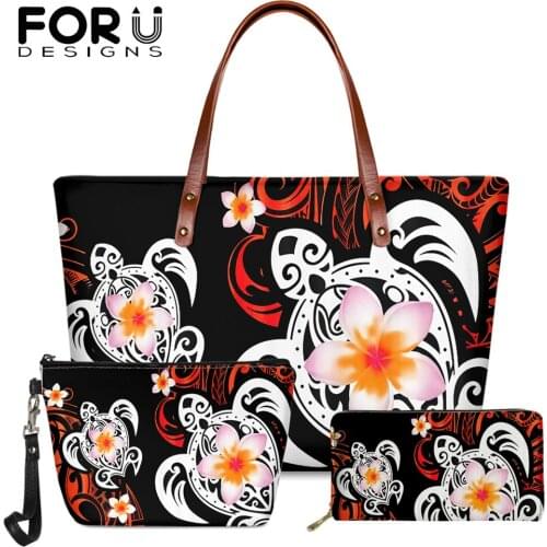 FORUDESIGNS Retro Womens Shoulder Bags And Long Clutch Pu Purse Hawaii Turtle Plumeria Polynesian Design Female Casual Tote Bag