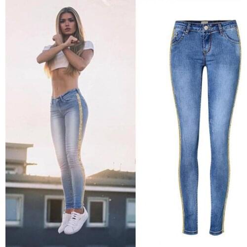 2021 Womens Low Waist Slim Jeans Double Side Metal Embroidered Bead Stretch Skinny Jeans Pencil Trousers Womens Jeans Denim