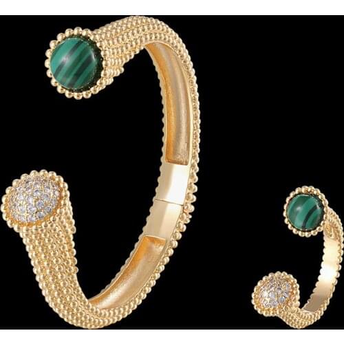 Fateama brand Zircon stone GREEN-color round head cuff bangle bracelet female bijoux rings Banquet party jewellery set for women