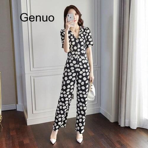 2020 Summer Casual Rompers Womens Floral Printed Jumpsuit Turndown Collar Short Sleeve Overalls Plus Size Sexy Long Playsuit