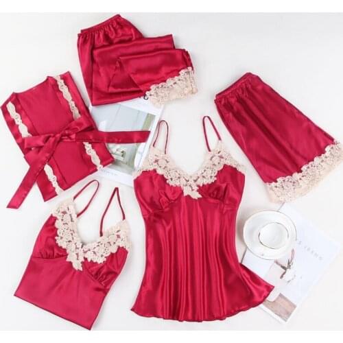 Pajama womens five piece set of spring and summer ice silk sexy suspender with breast pad sleeping skirt long sleeve Nightgown