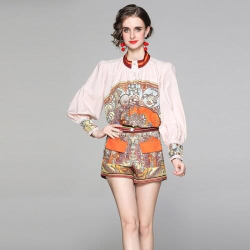 Menahem Vintage Two Piece Set Women Elegant Lantern Long Sleeve Loose Shirt Top + High Waist Pocket Pencil Shorts Summer Outfits