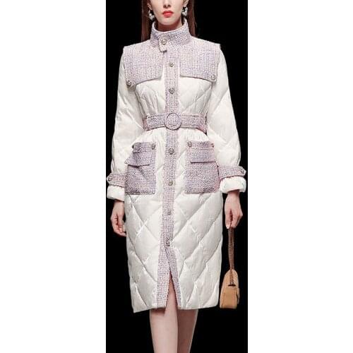 Women Winter Down Coat With Belt Elegant White and Black Slim Vintage Pleated Coats and Jackets Fur Callor