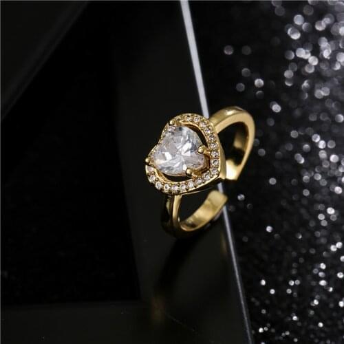 2021 New Arrival Gold Color Copper Jewelry Luxury Heart Shape Crystal CZ Wedding Ring For Women Adjustable Engagement Gift