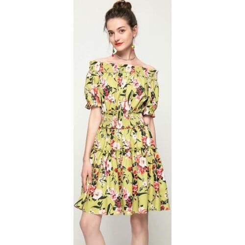2021 Runway Summer Sexy Off Shoulder Mini Dress Womens Puff Sleeve Elastic Waist Flower Print Holiday Dresses